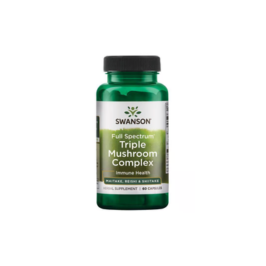 A green bottle of Swanson Full Spectrum Triple Mushroom Complex, containing 60 capsules with Maitake and Reishi mushrooms to support immune health.